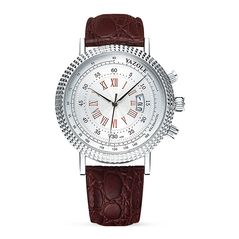 Yazole Mens Watch - Silver/Rose Gold with Brown Strap-Gents